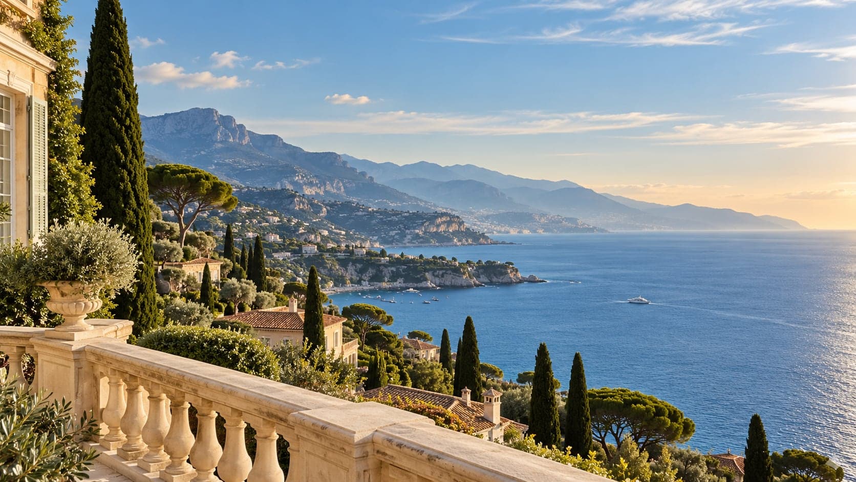 A Mediterranean coast framed by mountains and a sunlit terrace